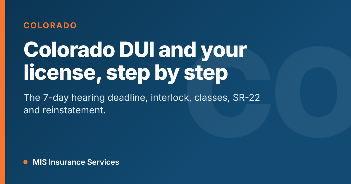 Title card: Colorado DUI and your license, step by step, from MIS Insurance Services